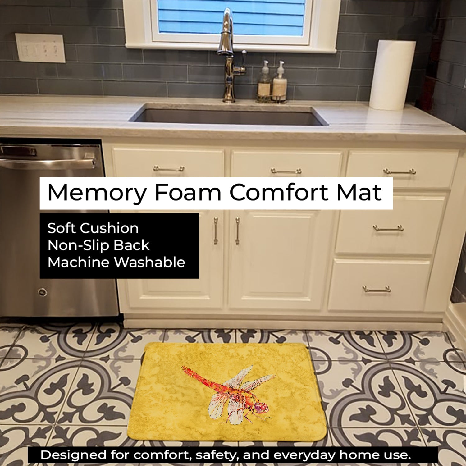 Dragonfly on Yellow Memory Foam Kitchen Mat Machine Washable Anti-Fatigue Cushion Comfort Bath or Kitchen Rug