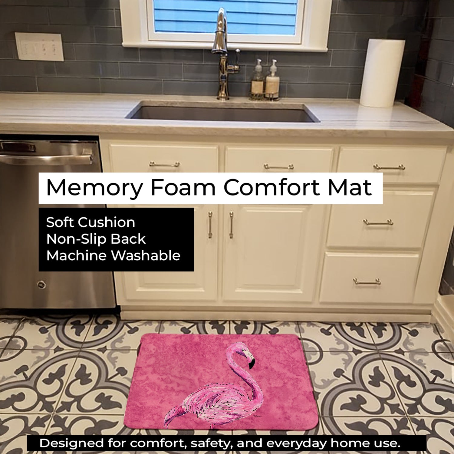 Flamingo on Pink Memory Foam Kitchen Mat Machine Washable Anti-Fatigue Cushion Comfort Bath or Kitchen Rug