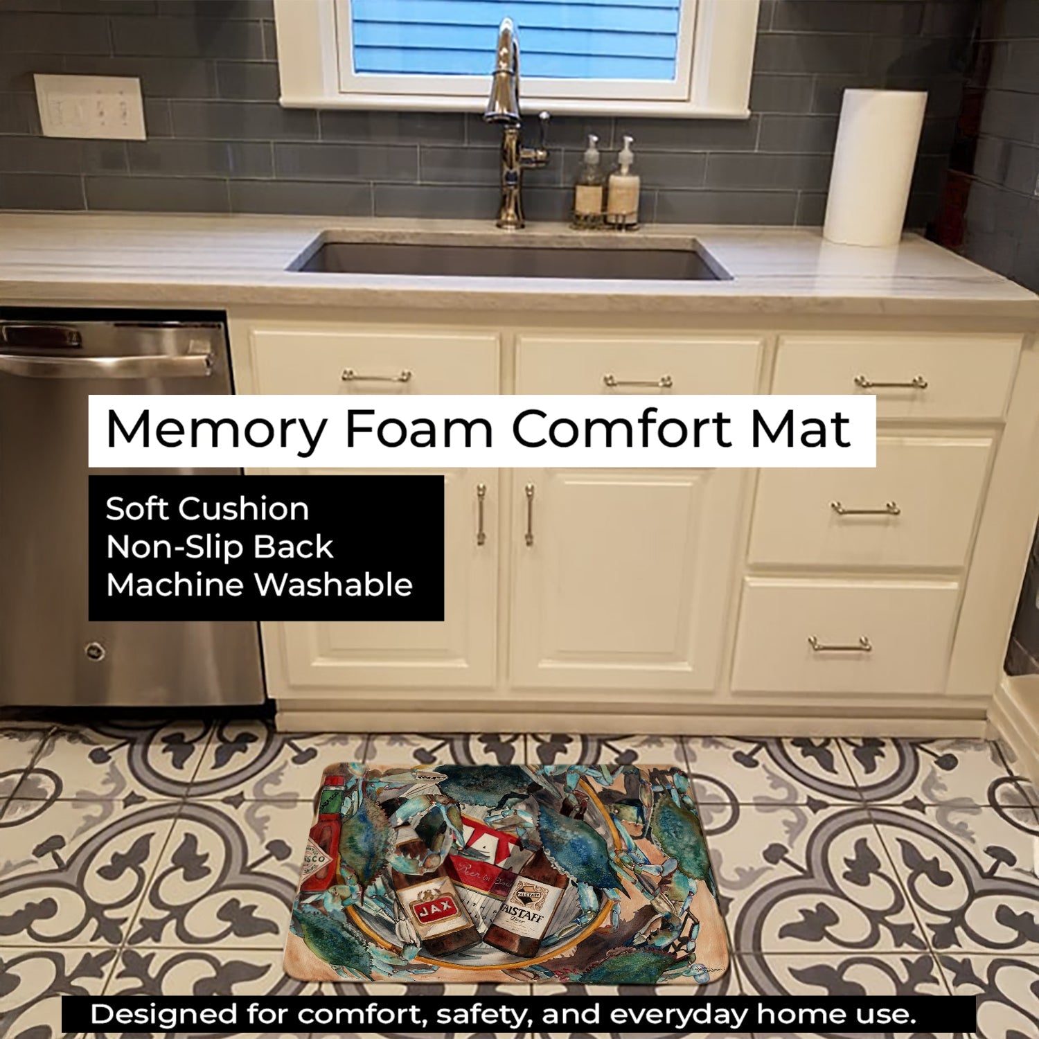 New Orleans Beers and Crabs Memory Foam Kitchen Mat Machine Washable Anti-Fatigue Cushion Comfort Bath or Kitchen Rug