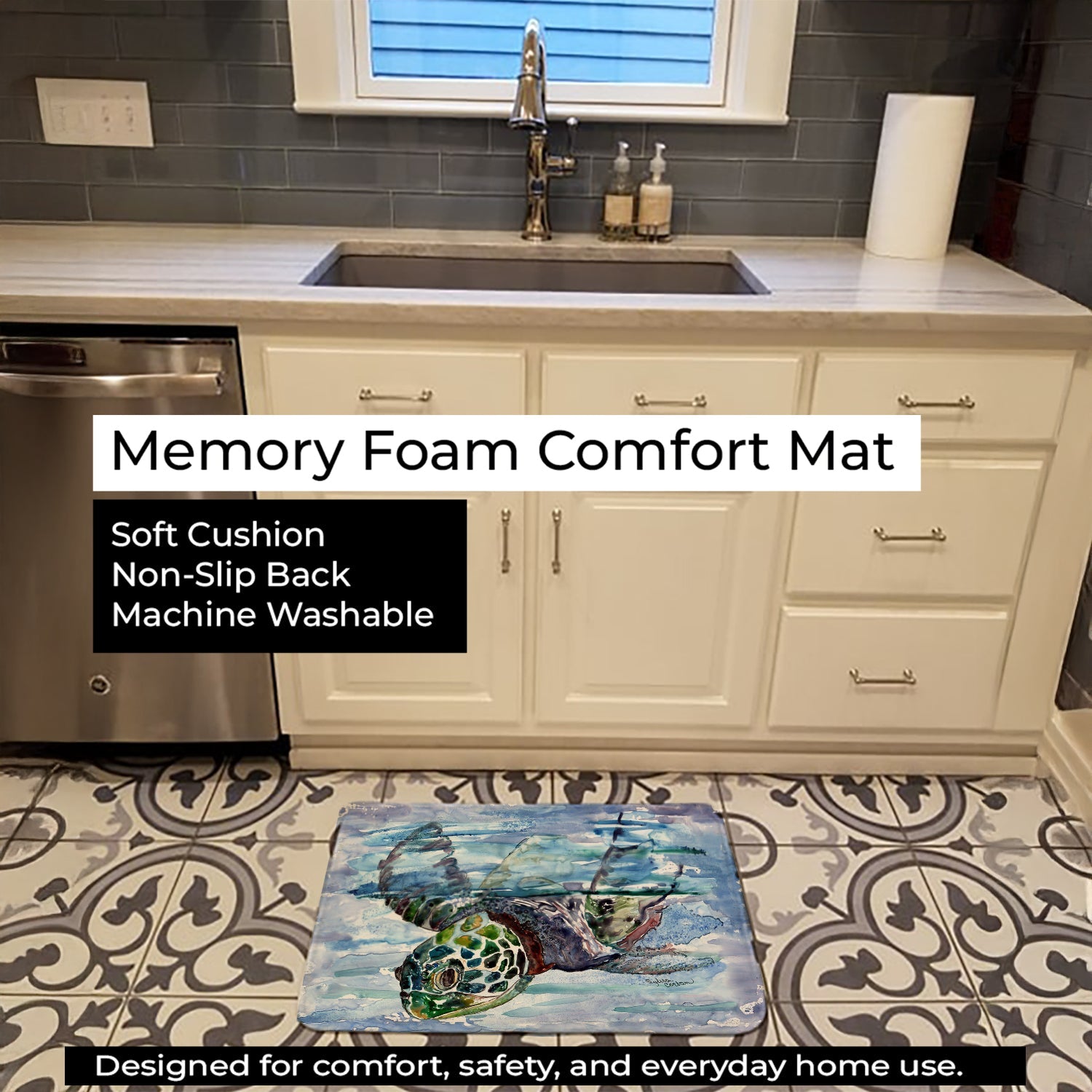 Loggerhead Turtle in a Dive Memory Foam Kitchen Mat Machine Washable Anti-Fatigue Cushion Comfort Bath or Kitchen Rug