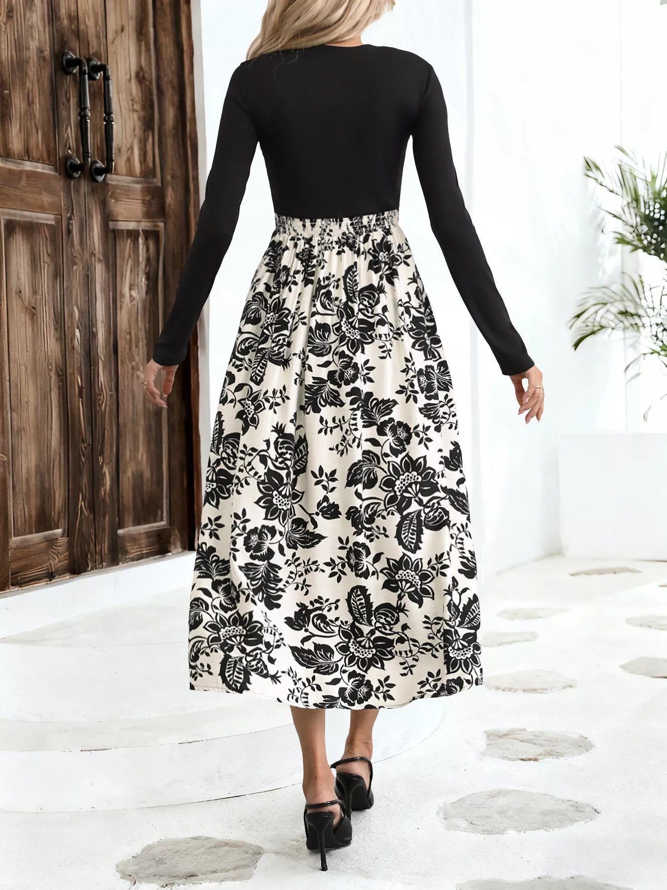Printed Long Sleeve Midi Dress