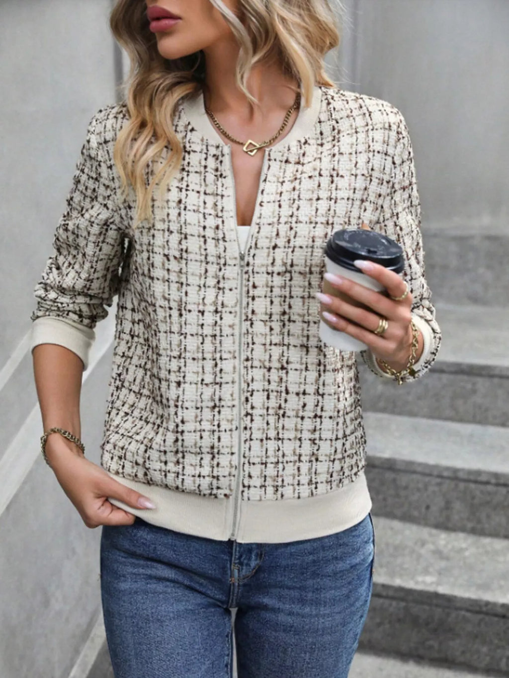 Tweed Zip Up Bomber Jacket