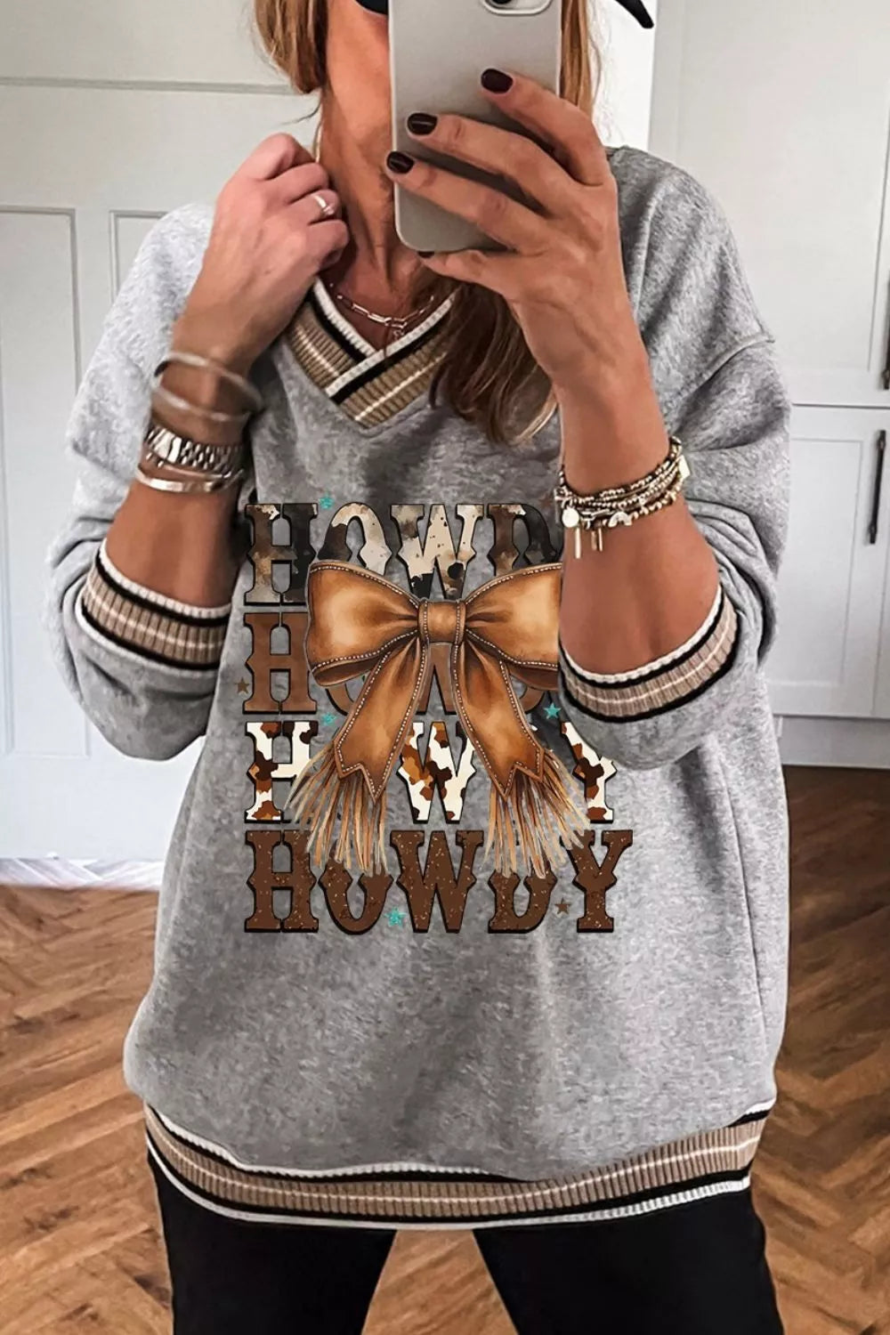 Howdy Graphic V-Neck Sweatshirt