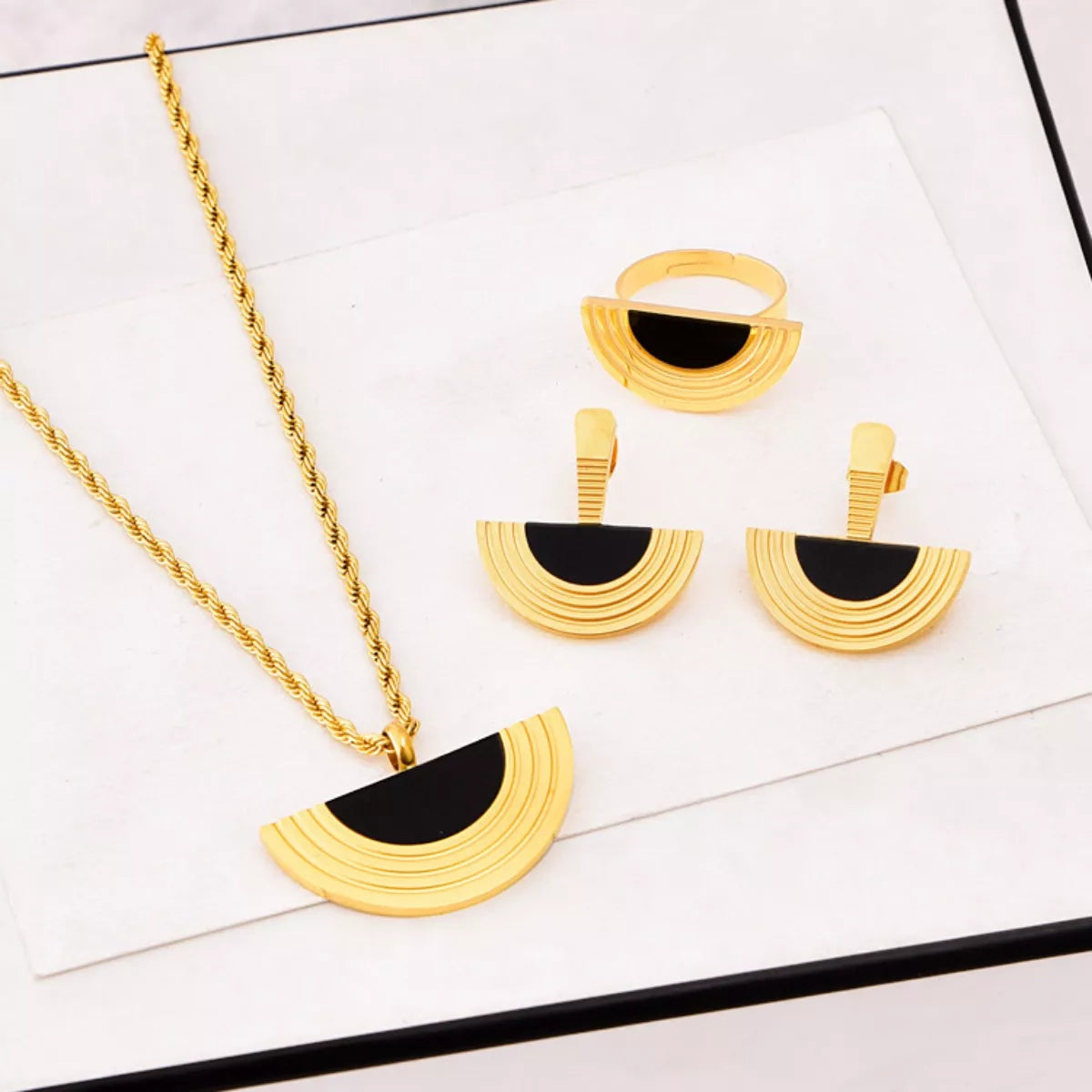 Geometric Half-Circle 18K Gold Plated Necklace Ring and Earrings Jewelry Set