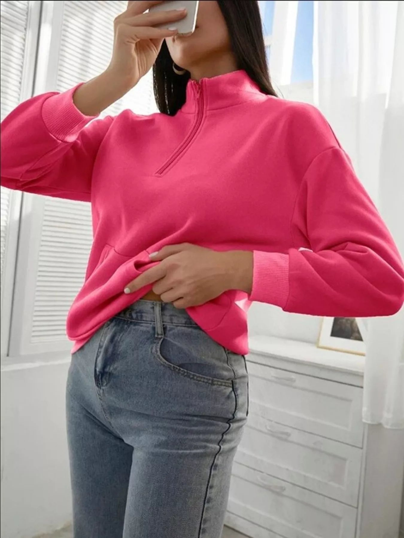 Zip-Up Collar Sweatshirt with Pocket