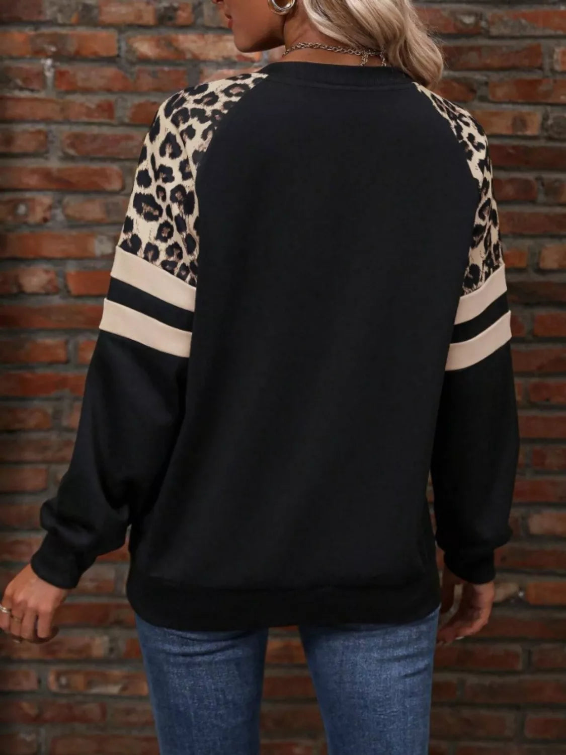 Leopard Raglan Sleeve Striped Sweatshirt