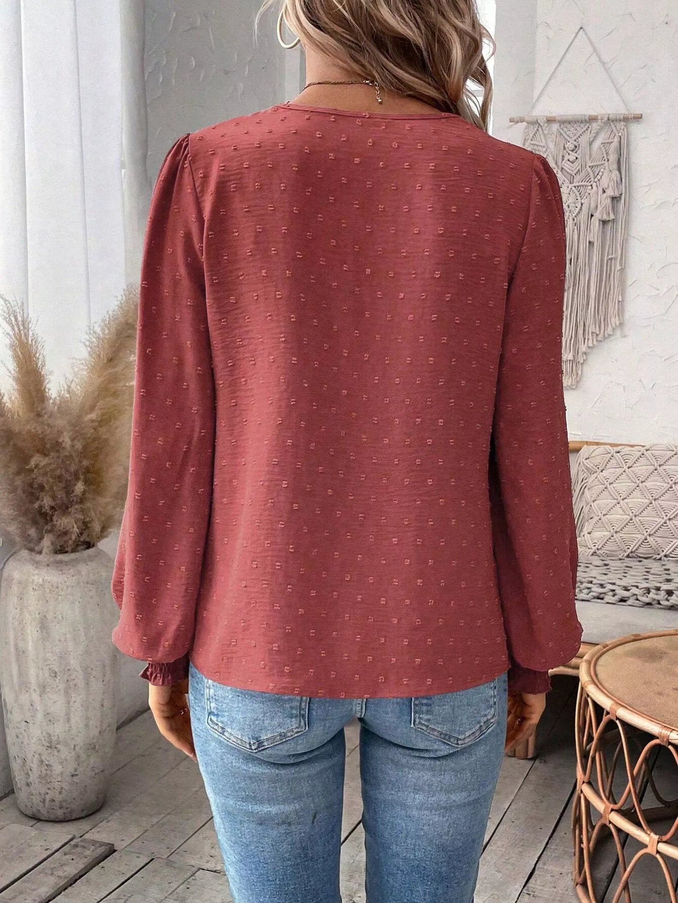 Lace Trim Long Sleeve Blouse