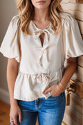 Bow Tie Short Puff Sleeve Ruffle Hem Blouse