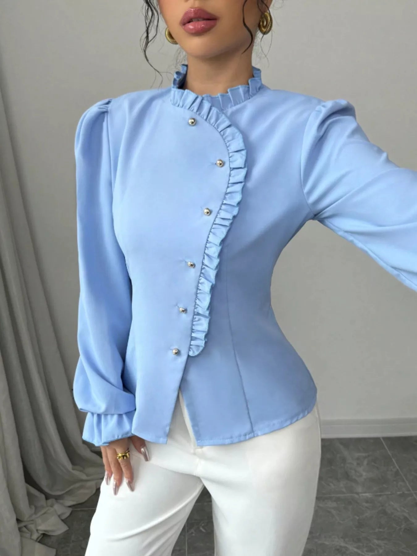 Ruffle Trim Long Sleeve Blouse