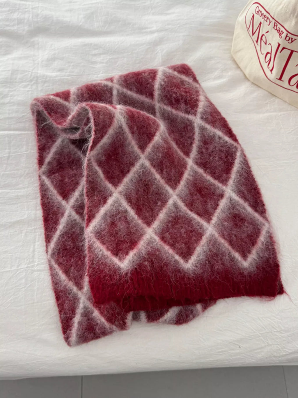 Diamond Pattern Fuzzy Knit Scarf