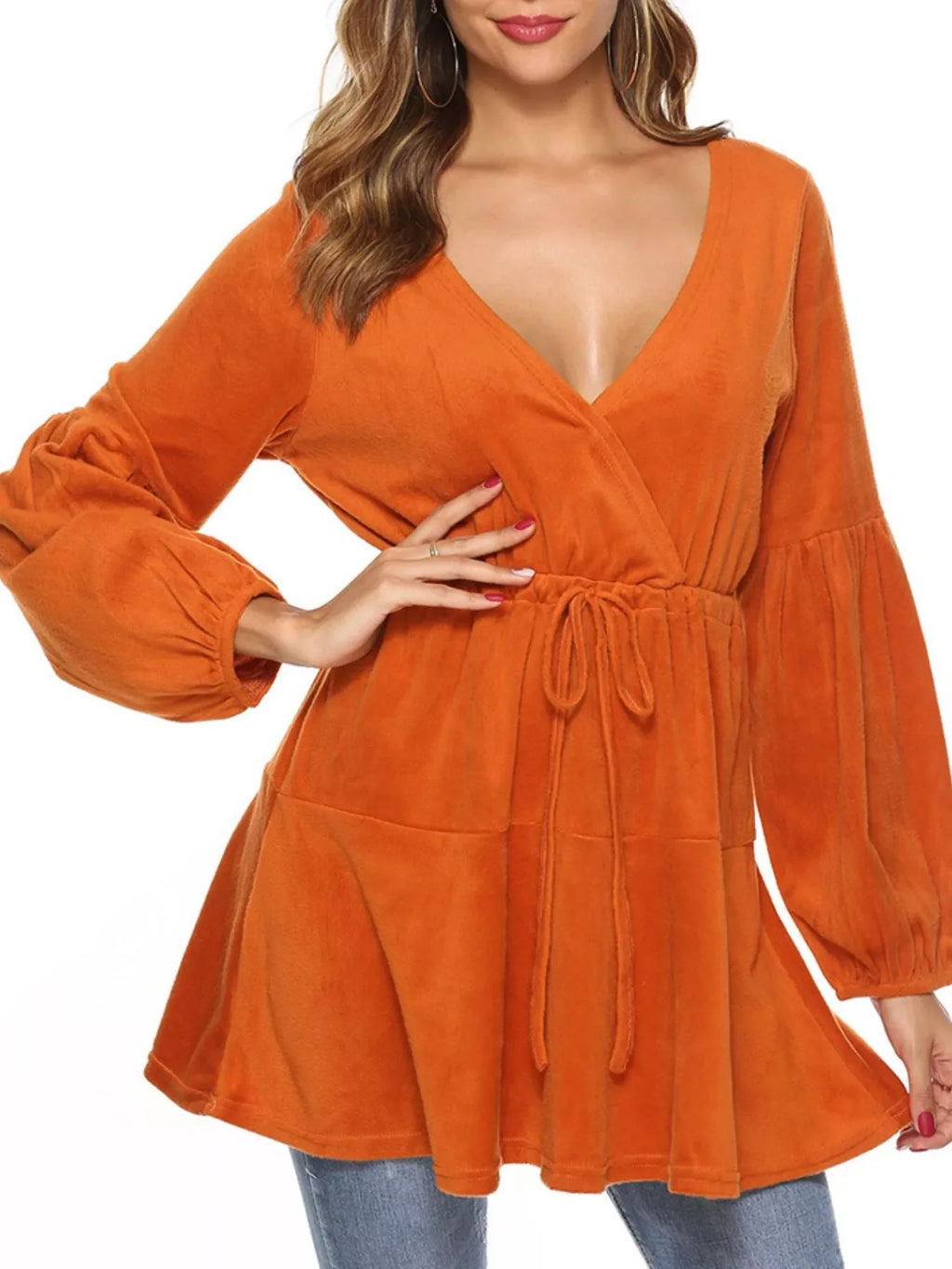 Velvet Long Sleeve Drawstring Blouse