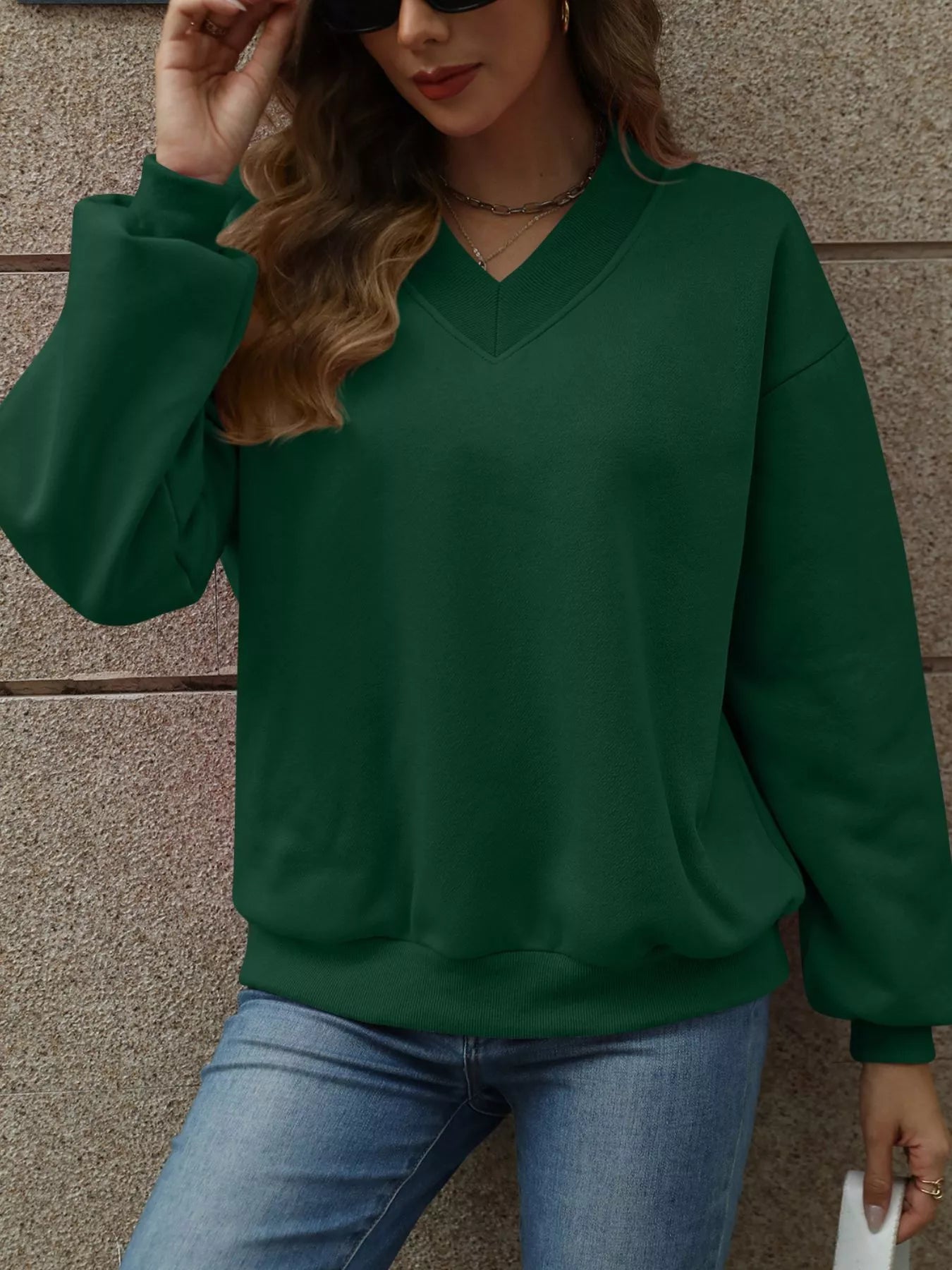 V-Neck Solid Color Casual Sweatshirt