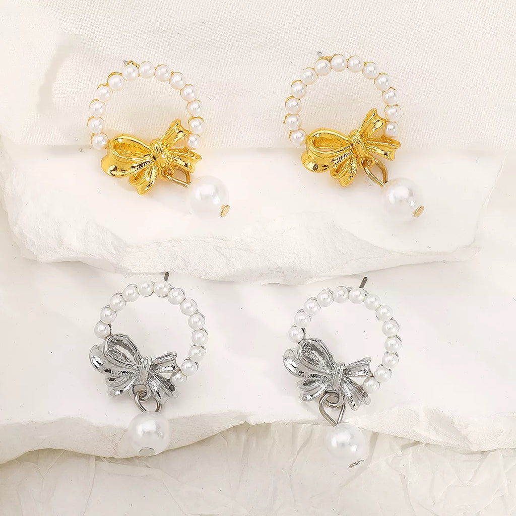 Bowknot Pearl Earrings and Pendant Necklace Jewelry Set