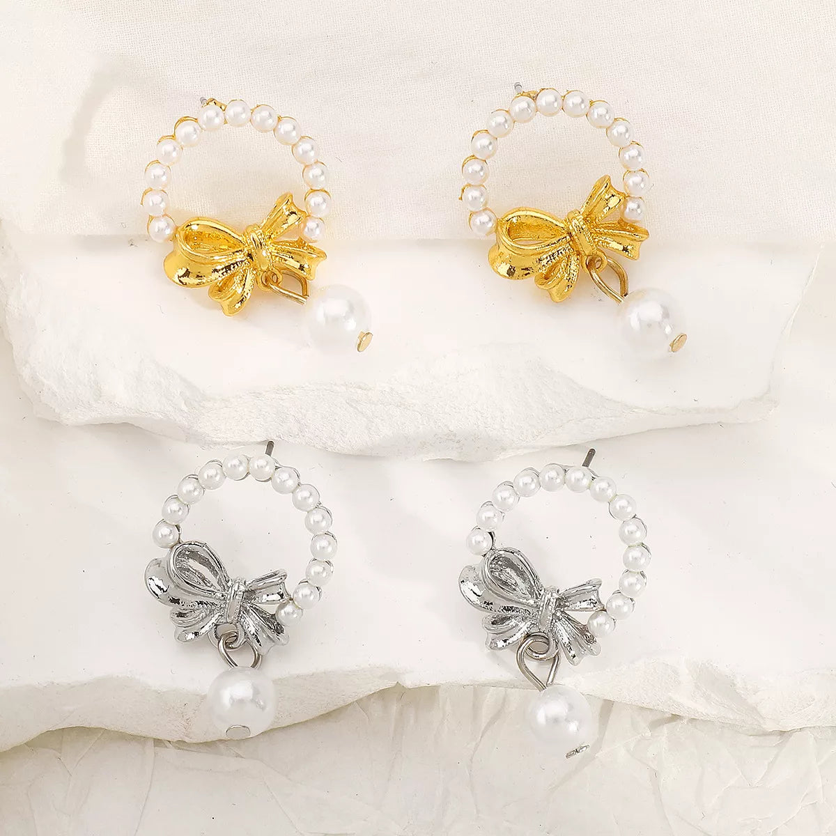 Bowknot Pearl Earrings and Pendant Necklace Jewelry Set