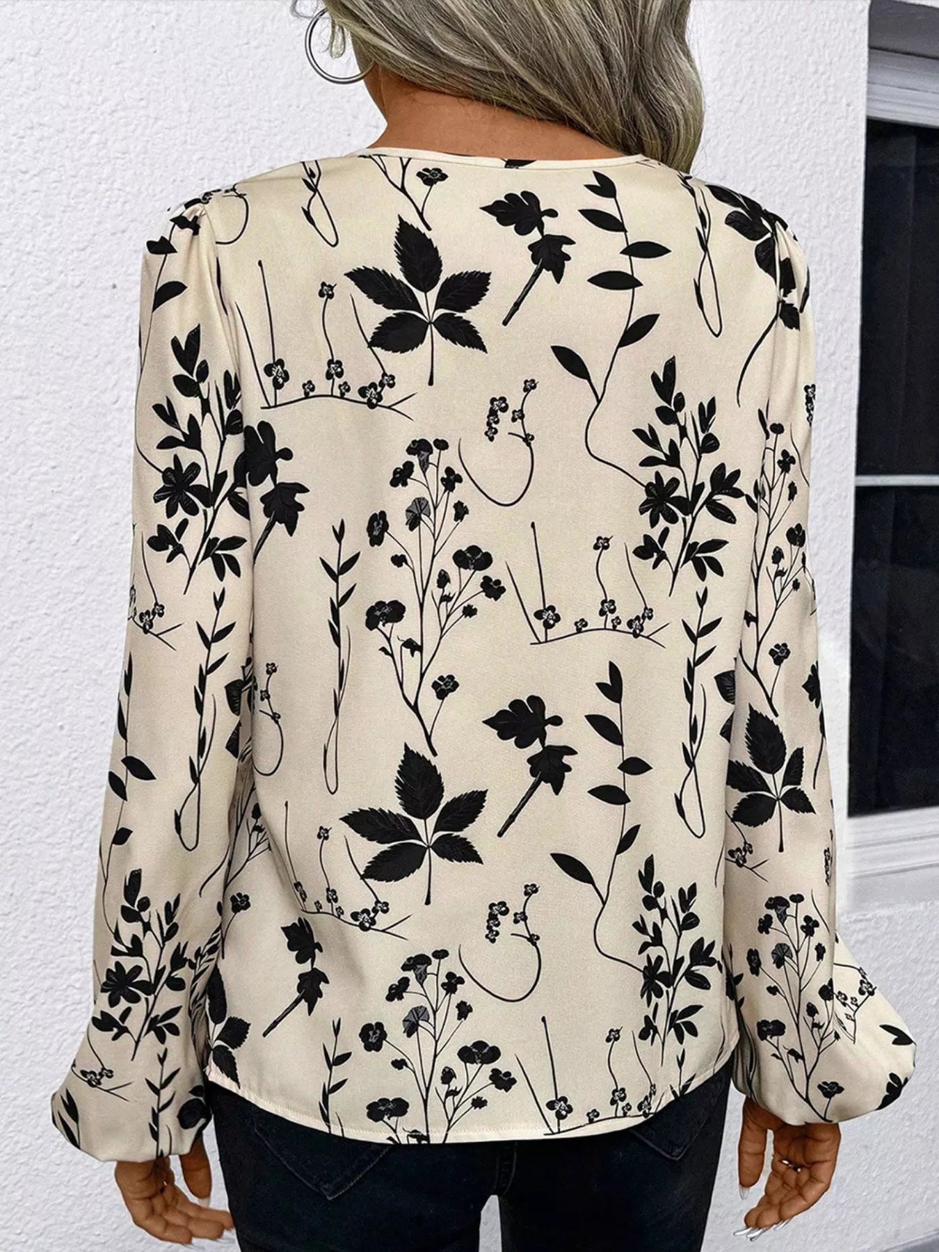 Floral Print Split Neck Long Sleeve Blouse