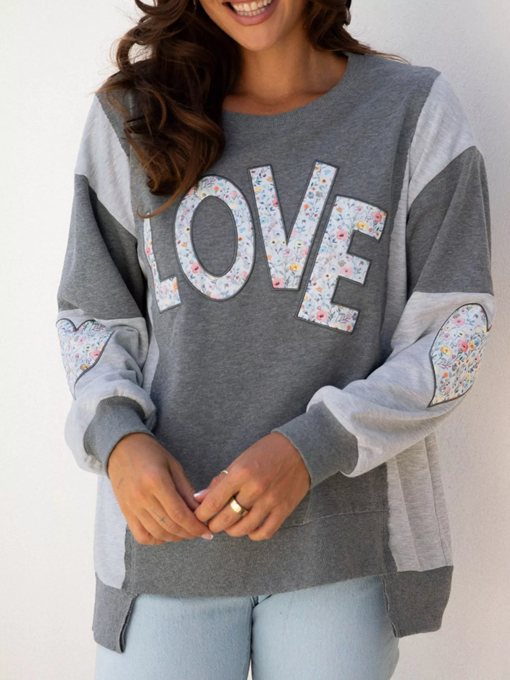LOVE Graphic Exposed Seam Patchwork Uneven Hem Chic Sweatshirt