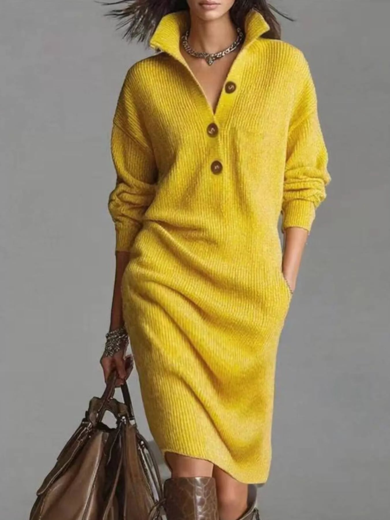 Full Size Button-Front Ribbed Knit Sweater Dress Plus Size