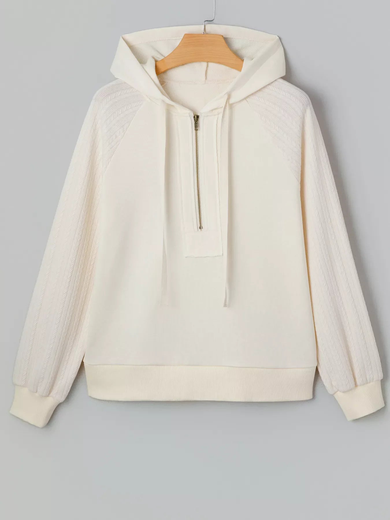 Solid Color Textured Sleeve Patchwork Half Zip Hoodie