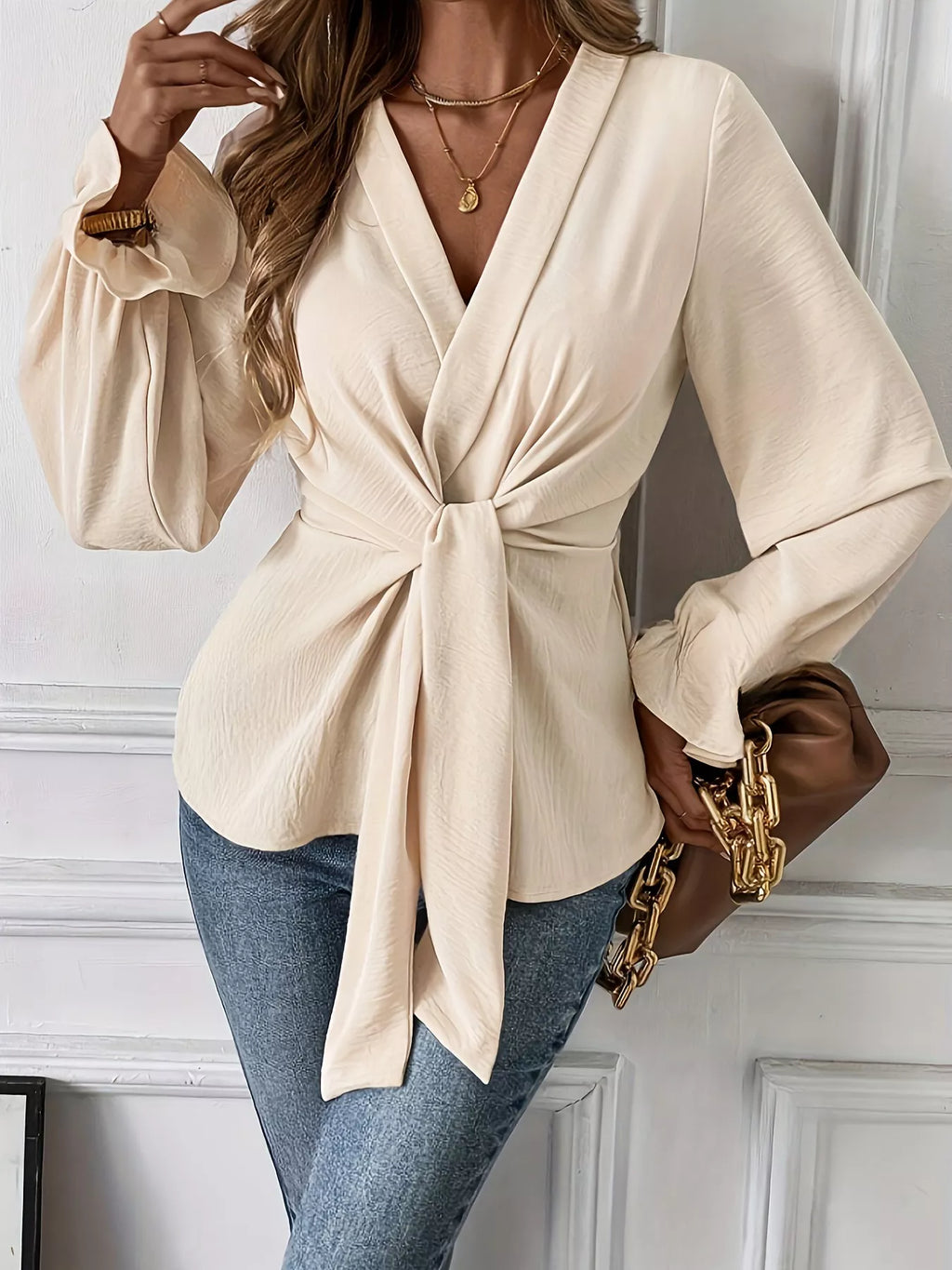Knot Front Flounce Sleeve Blouse