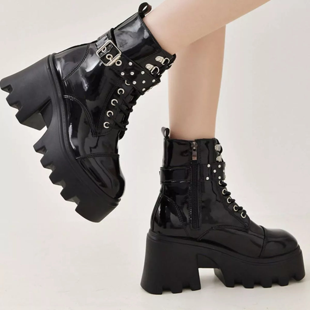 Platform Ankle Boots with Buckle and Studded Detail