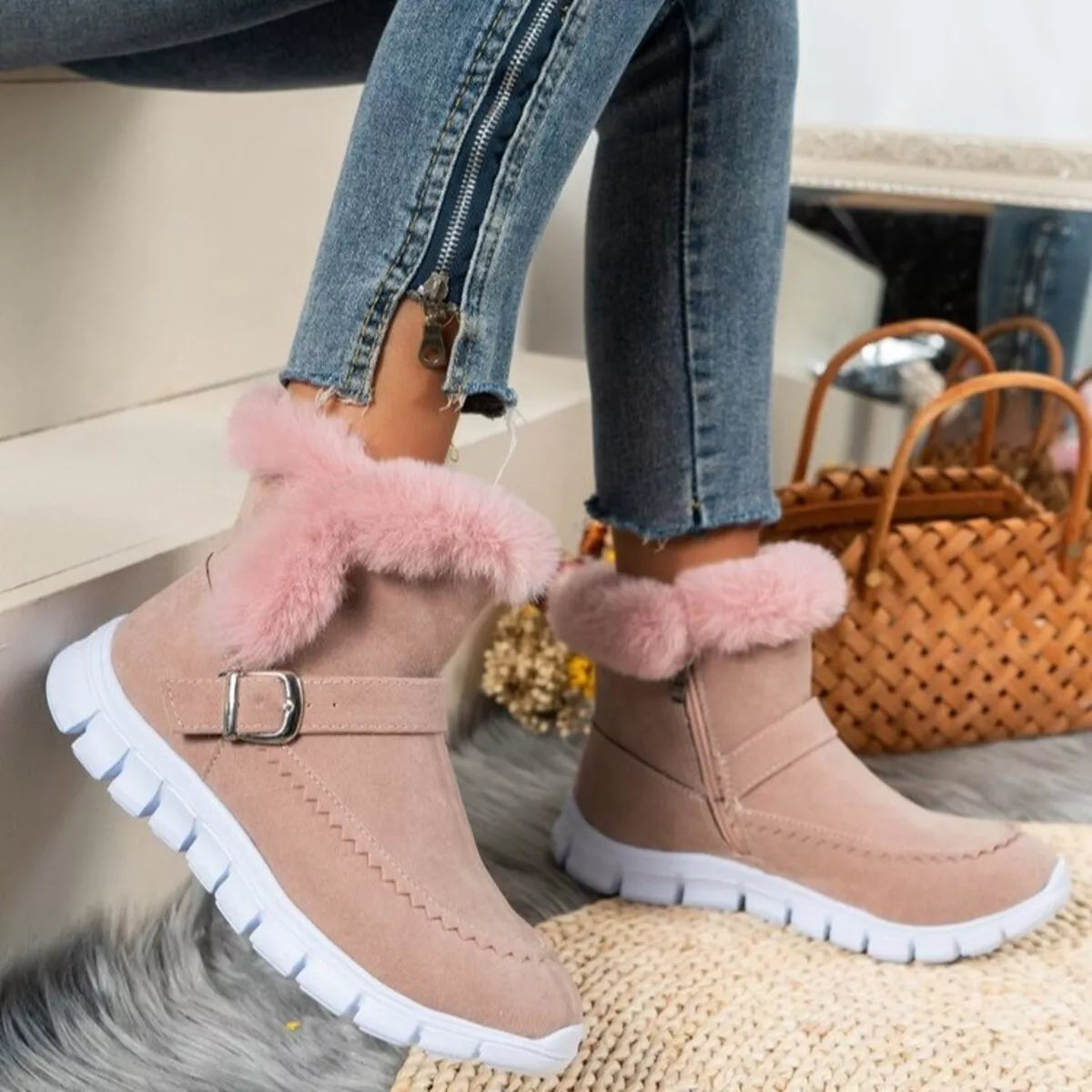 Faux Fur Trim Ankle Boots