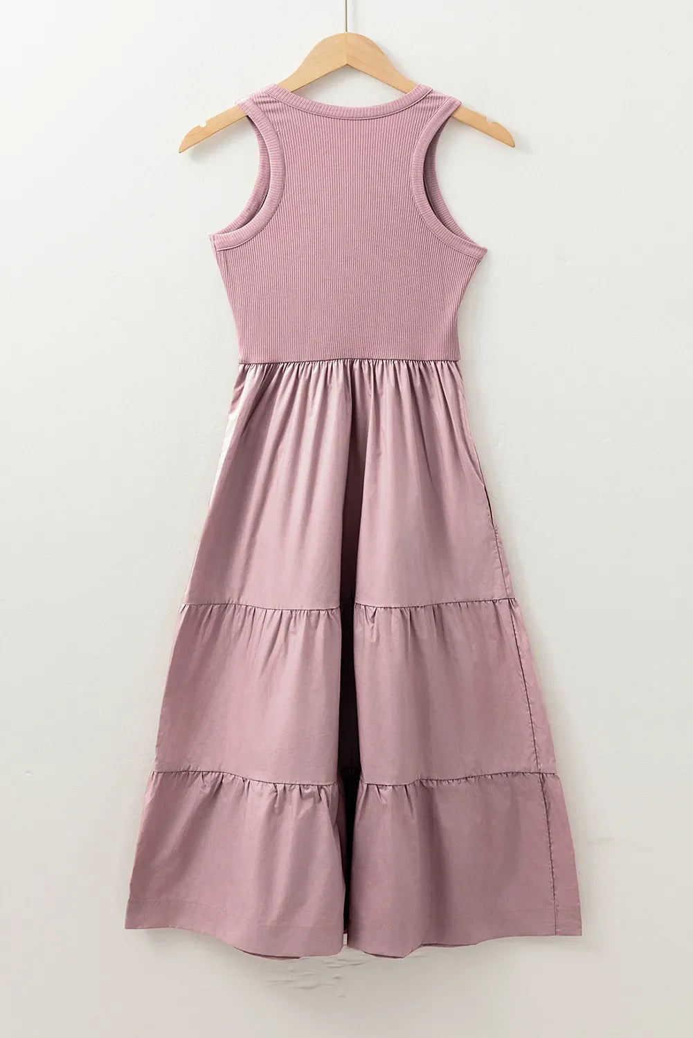 Ribbed Vest Patchwork Tiered Midi Dress with Pockets