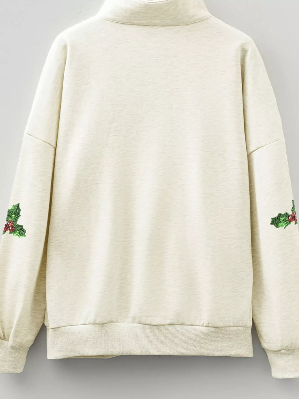 Sequin Santa Christmas Holly Patched Striped Trim Zip V Neck Sweatshirt