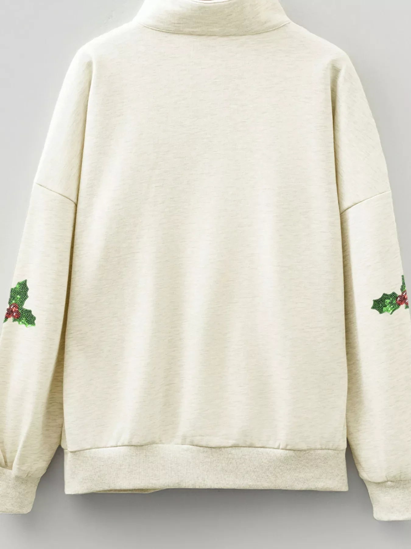 Sequin Santa Christmas Holly Patched Striped Trim Zip V Neck Sweatshirt