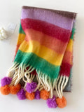 Rainbow Striped Fuzzy Scarf with Pom-Poms