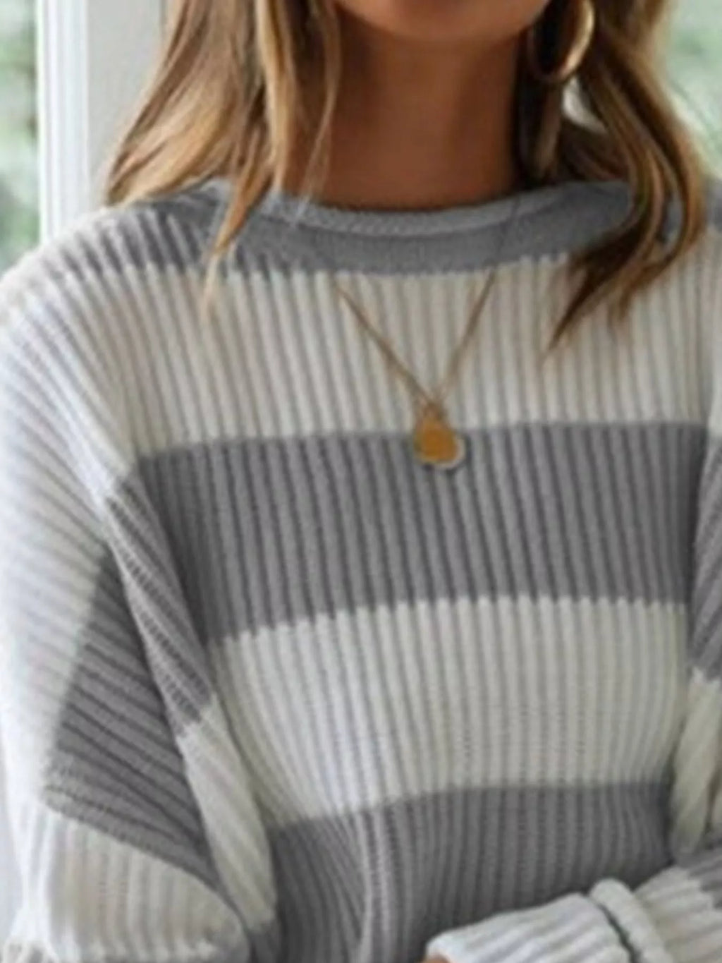 Full Size Contrast Striped Round Neck Sweater Plus Size