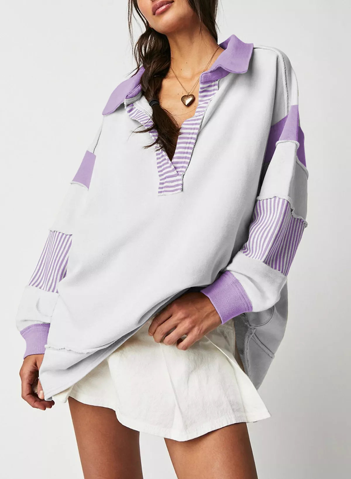 Color Block Striped Johnny Collar Sweatshirt