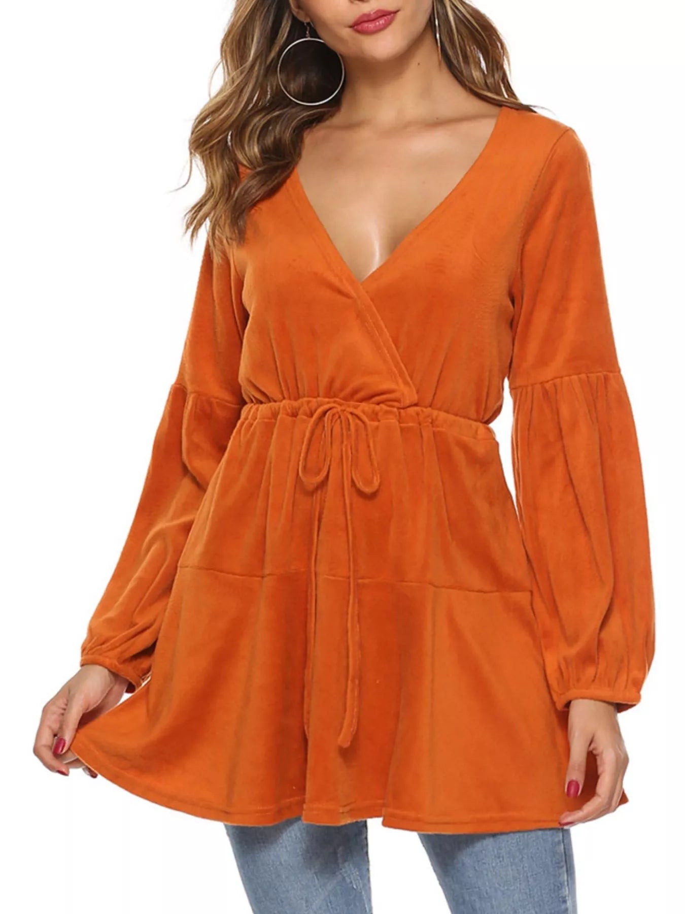 Velvet Long Sleeve Drawstring Blouse