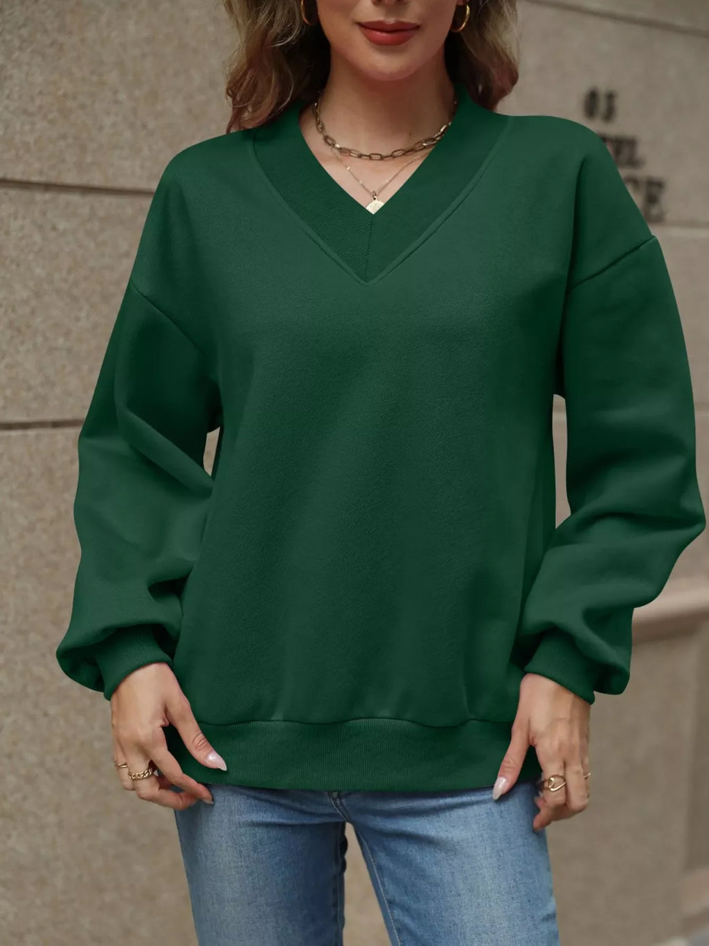 V-Neck Solid Color Casual Sweatshirt