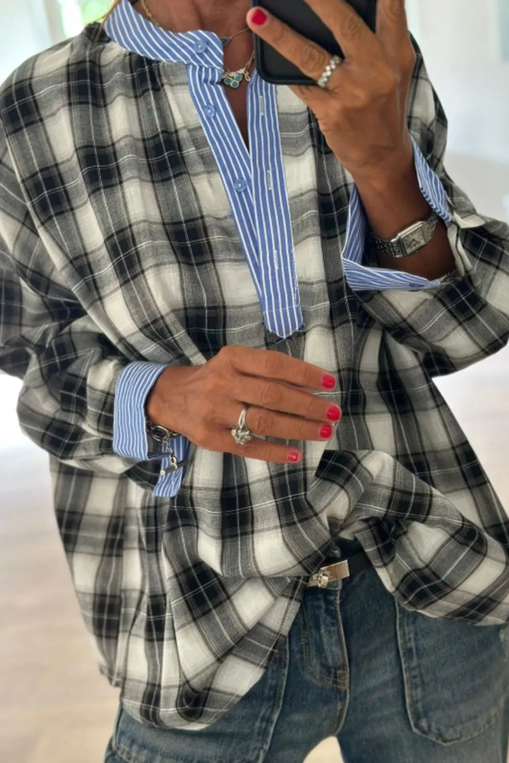 Contrast Striped Edge Half Placket Plaid Blouse
