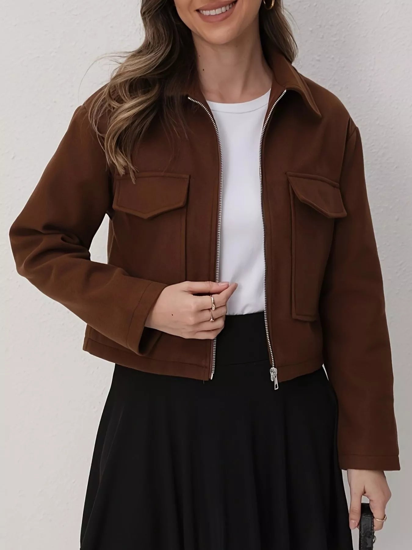 Cropped Zip-Up Pocketed Jacket