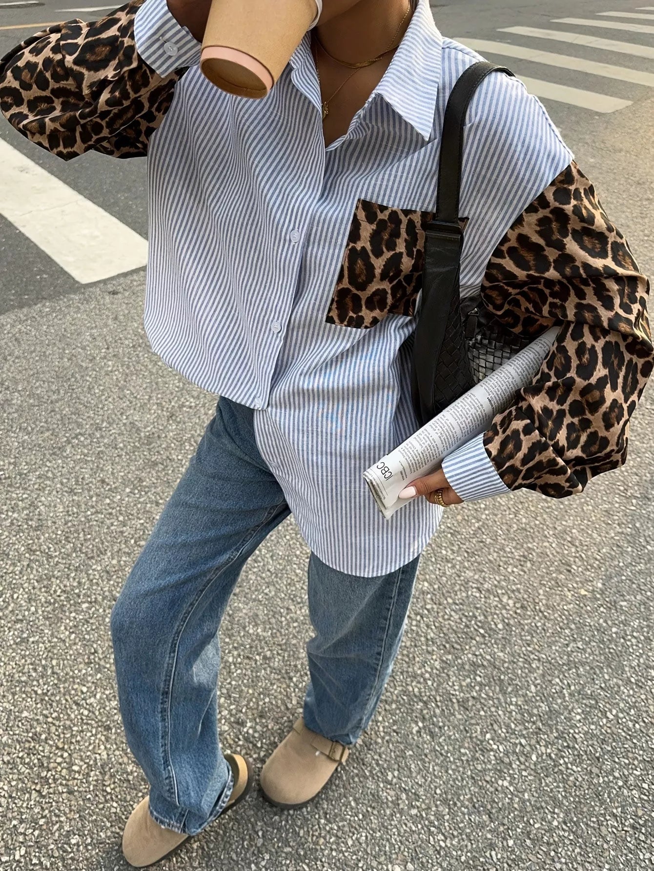 Striped & Leopard Print Button Up Shirt