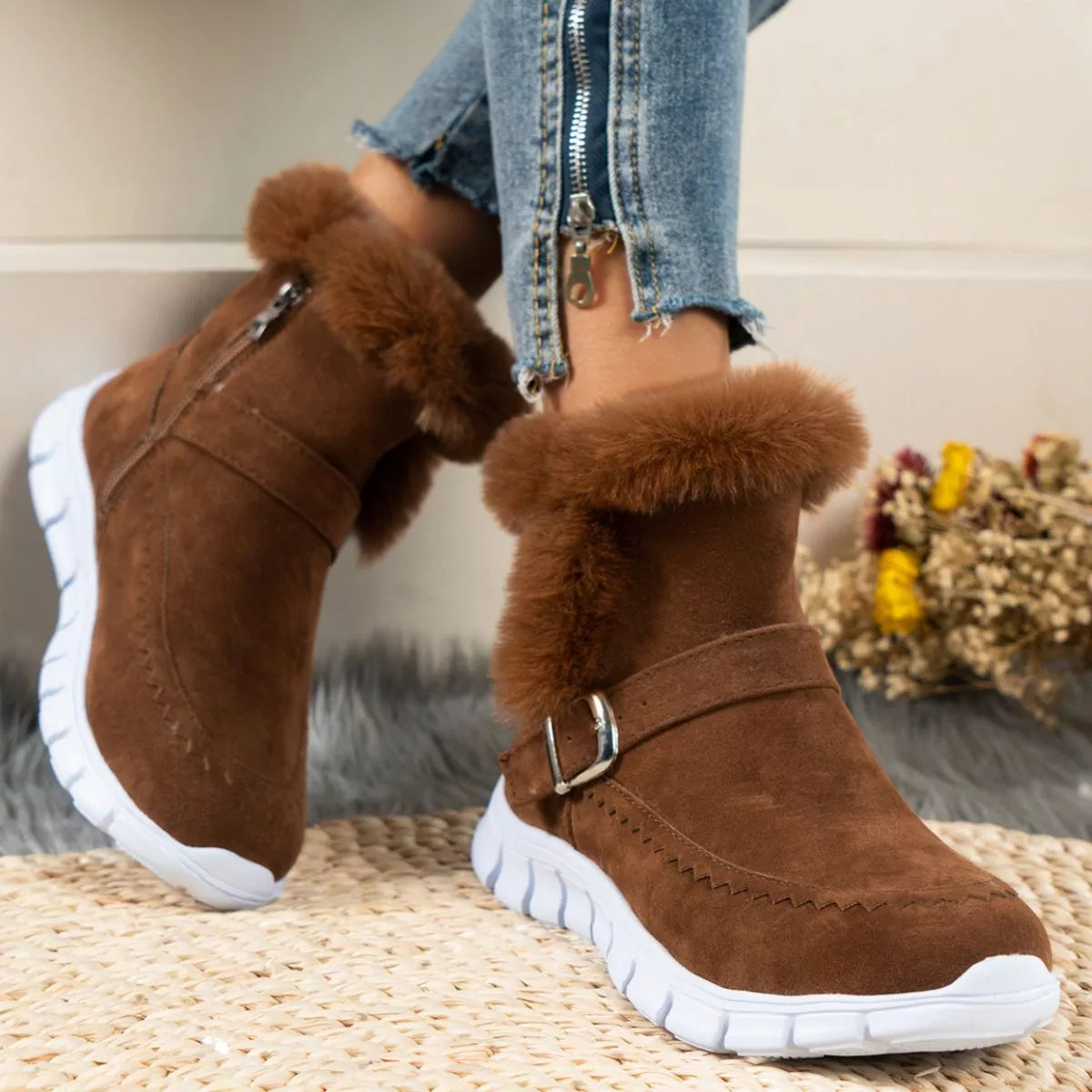 Faux Fur Trim Ankle Boots