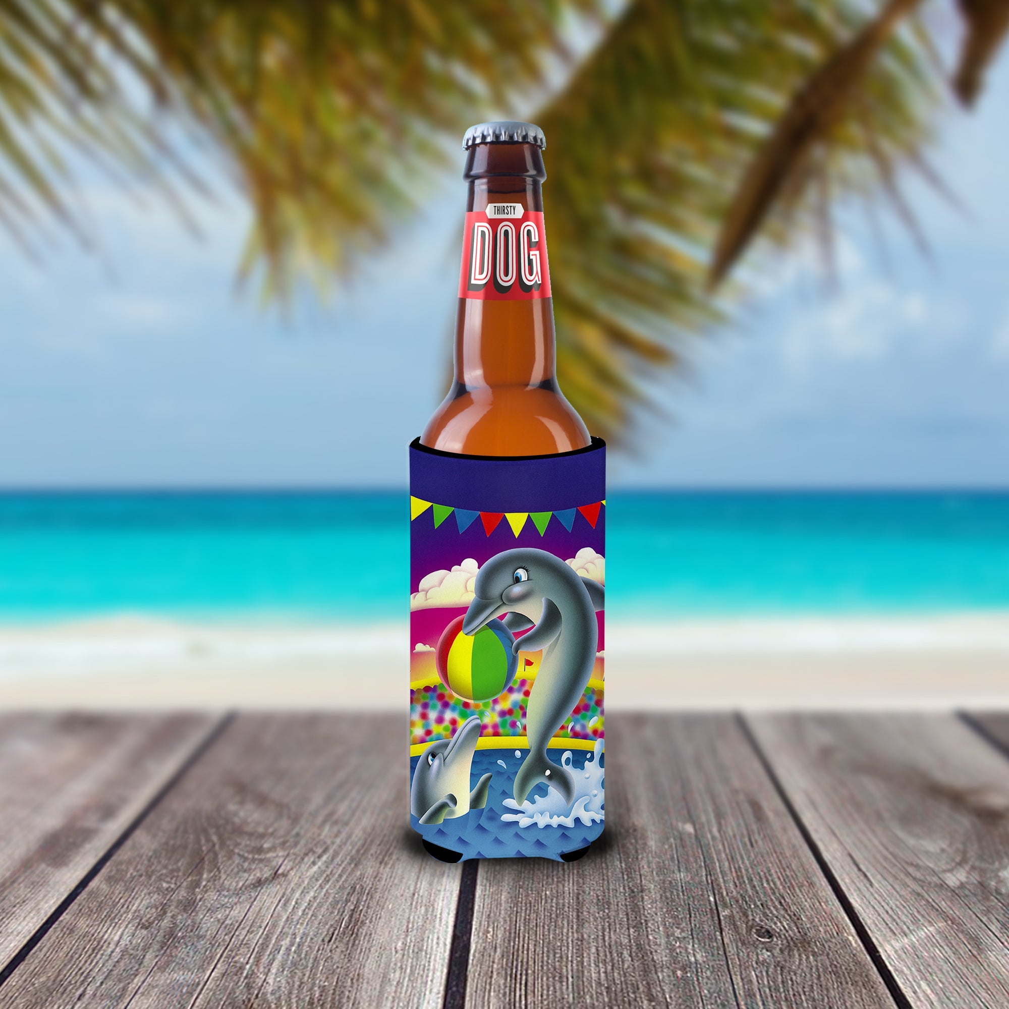 Dolphins performing for the crowds Slim Can Hugger , Insulated Foam Hugger for 12 oz Slim Cans, Beer Bottles & Water Bottles, Printed in USA