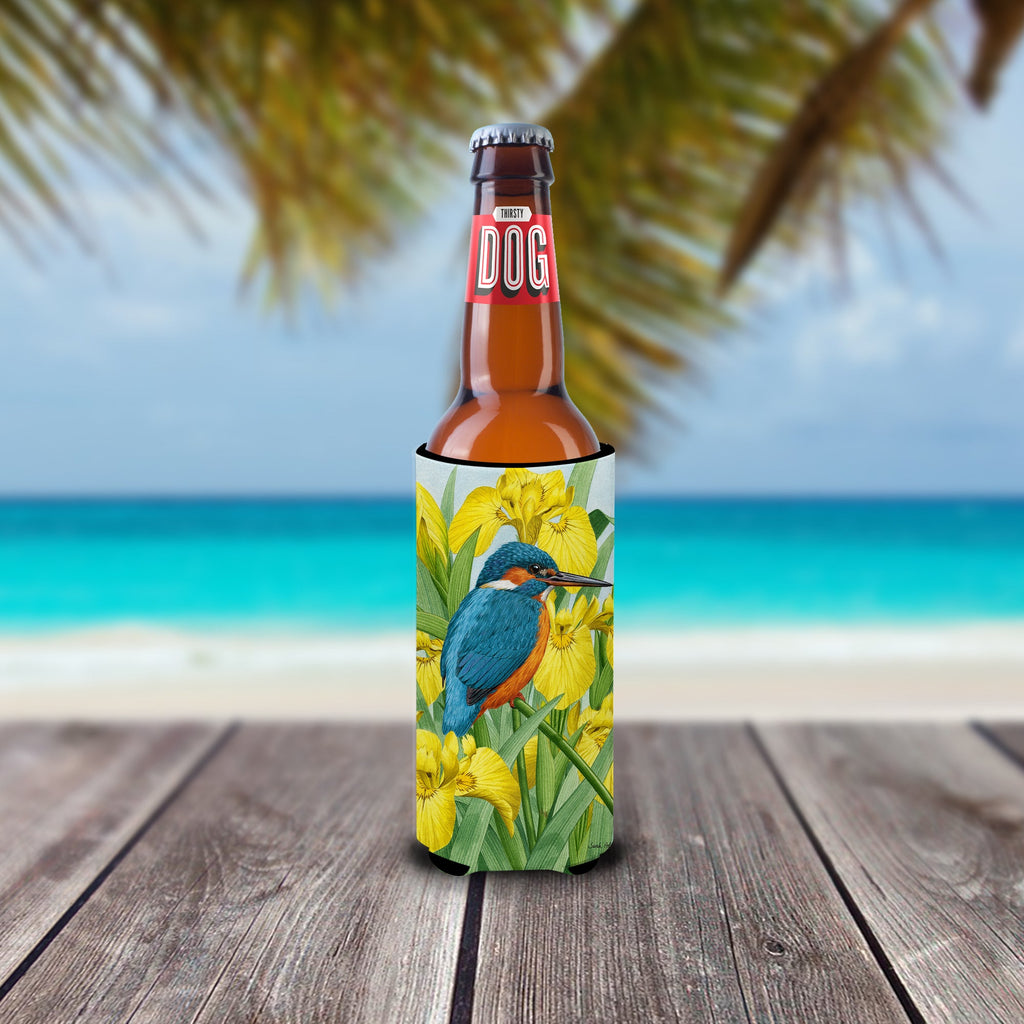 Kingfisher in Yellow Irises Slim Can Hugger , Insulated Foam Hugger for 12 oz Slim Cans, Beer Bottles & Water Bottles, Printed in USA