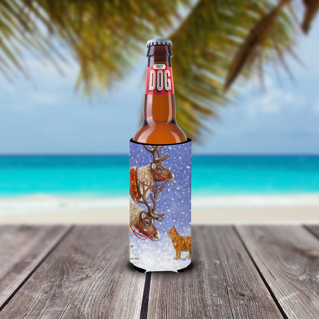 Reindeers & Cat Slim Can Hugger , Insulated Foam Hugger for 12 oz Slim Cans, Beer Bottles & Water Bottles, Printed in USA