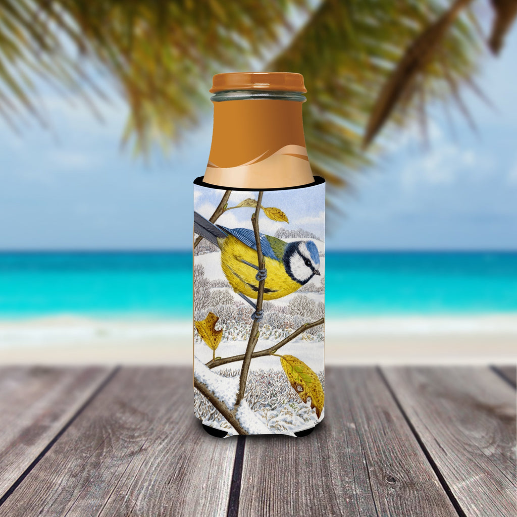 Eurasian Blue Tits Bird Slim Can Hugger , Insulated Foam Hugger for 12 oz Slim Cans, Beer Bottles & Water Bottles, Printed in USA