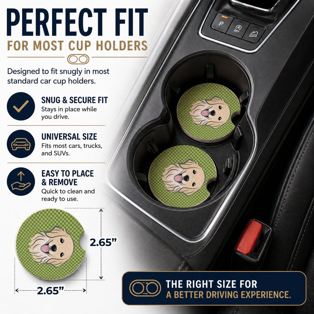 Green Checkered Golden Retriever Set of 2 Cup Holder Car Coasters Absorbent Round Sandstone Coasters Gifts for Men or Women, 2.5, Multicolor