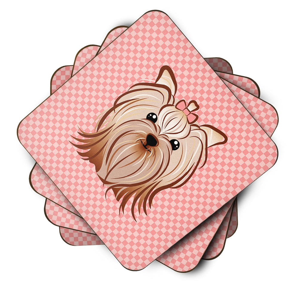 Pink Checkered Yorkie / Yorkshire Terrier Foam Coasters Set of 4 Cup Coasters for Indoor Outdoor, Tabletop Protection, Anti Slip, Mouse pad Material