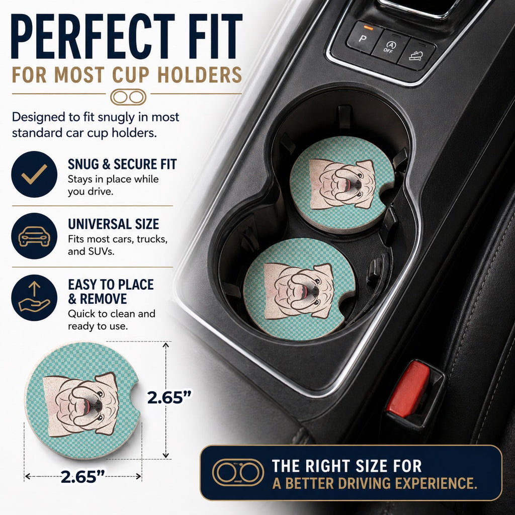 Checkerboard Blue White English Bulldog  Set of 2 Cup Holder Car Coasters Absorbent Round Sandstone Coasters Gifts for Men or Women, 2.5, Multicolor