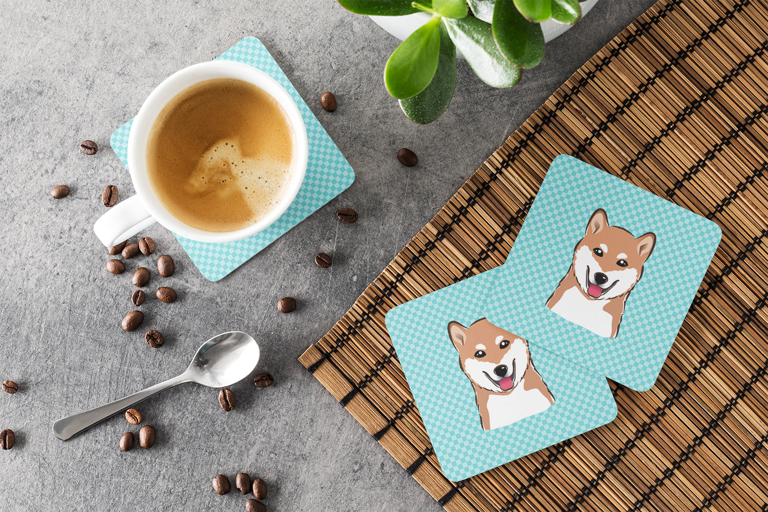 Checkerboard Blue Shiba Inu Foam Coasters Set of 4 Cup Coasters for Indoor Outdoor, Tabletop Protection, Anti Slip, Mouse pad Material