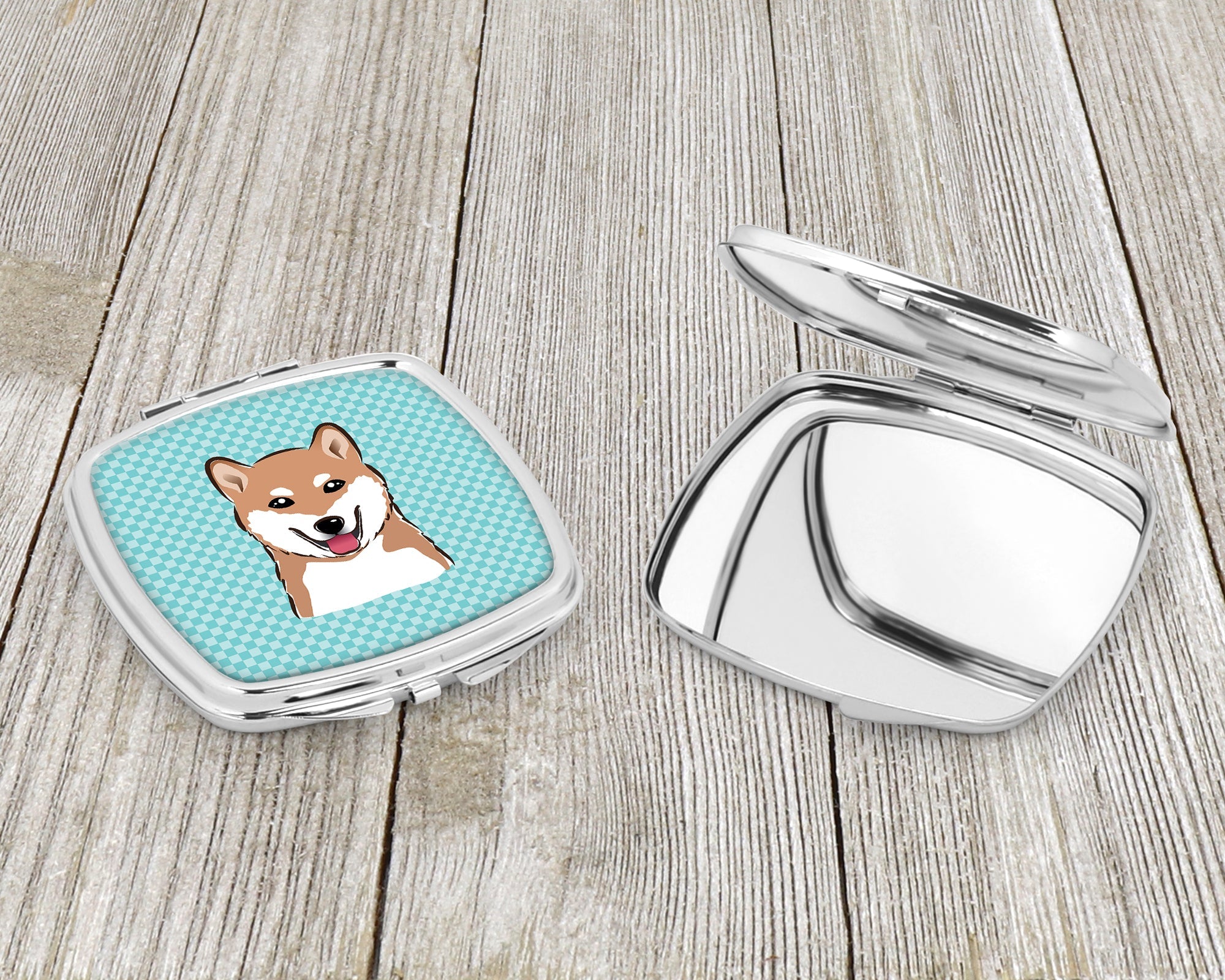 Checkerboard Blue Shiba Inu Compact Mirror Decorative Travel Makeup Mirror for Women Girls Gifts Pocket Makeup Mirror Folding Handheld