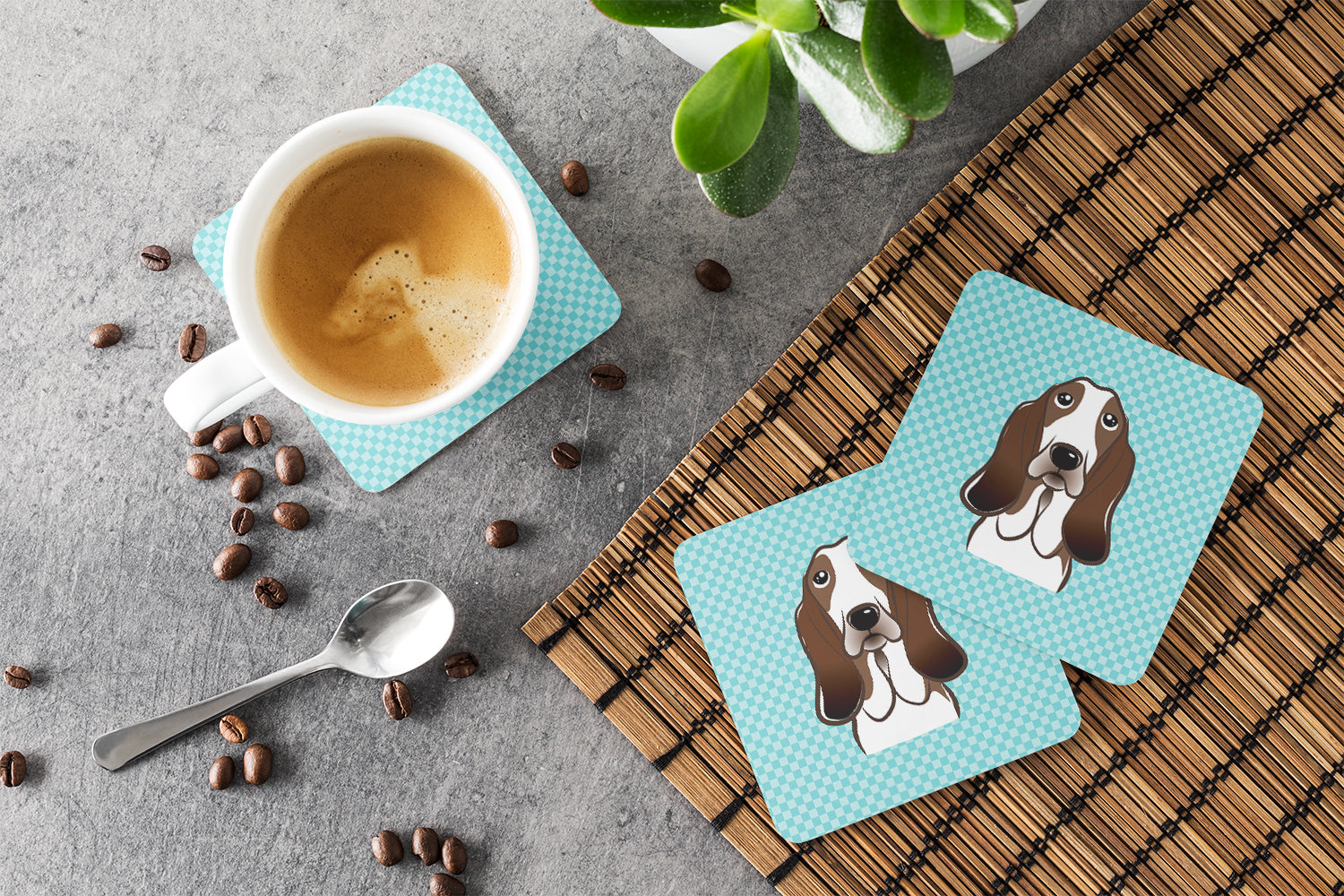 Checkerboard Blue Basset Hound Foam Coasters Set of 4 Cup Coasters for Indoor Outdoor, Tabletop Protection, Anti Slip, Mouse pad Material