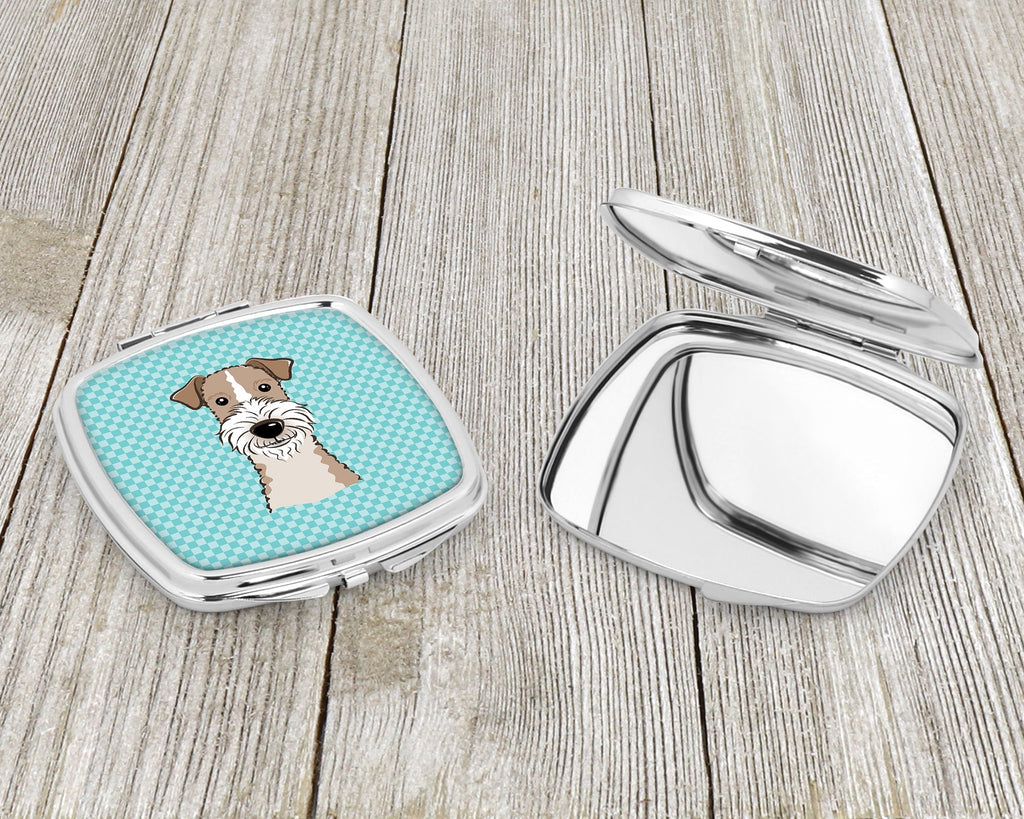 Checkerboard Blue Wire Haired Fox Terrier Compact Mirror Decorative Travel Makeup Mirror for Women Girls Gifts Pocket Makeup Mirror Folding Handheld