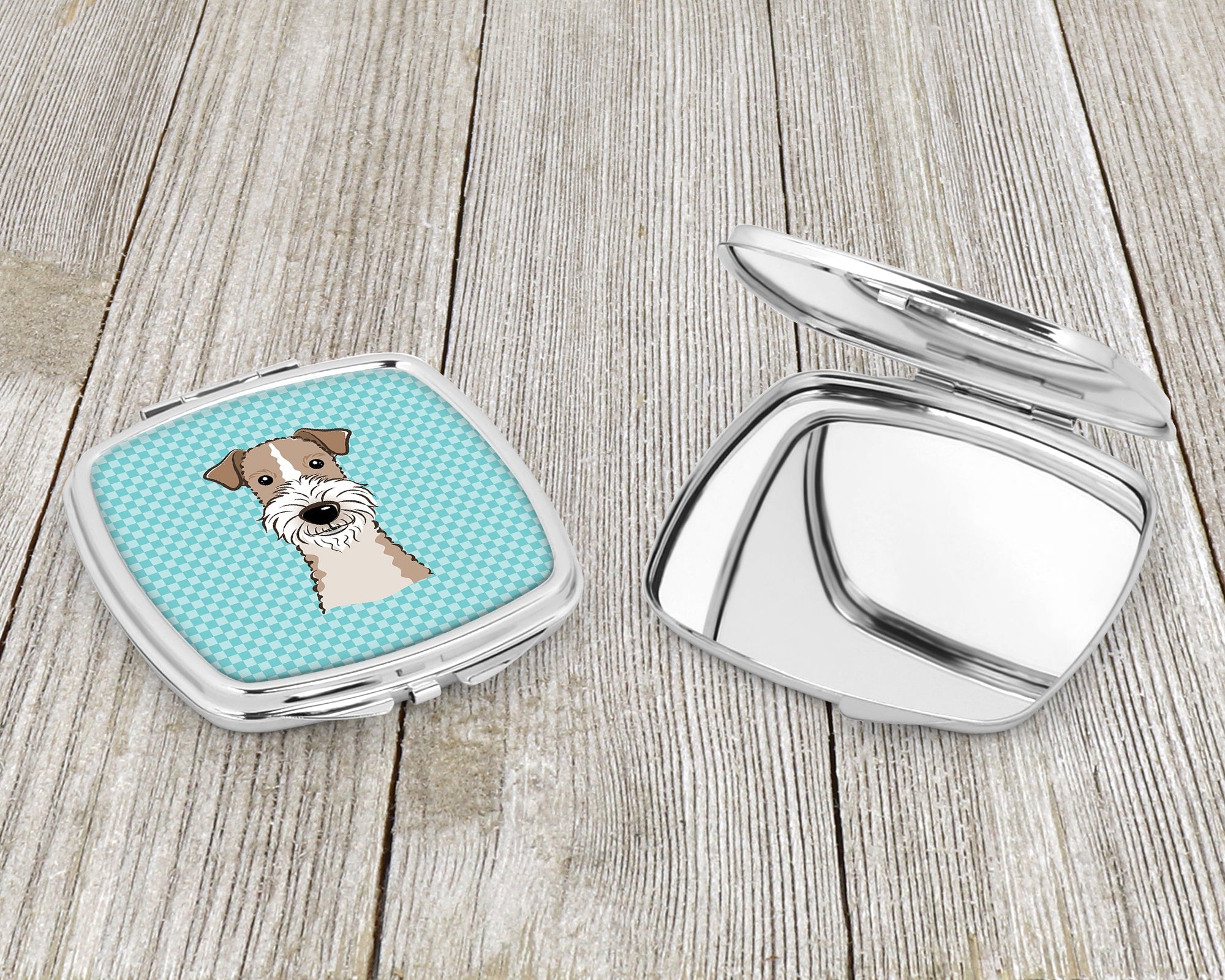 Checkerboard Blue Wire Haired Fox Terrier Compact Mirror Decorative Travel Makeup Mirror for Women Girls Gifts Pocket Makeup Mirror Folding Handheld