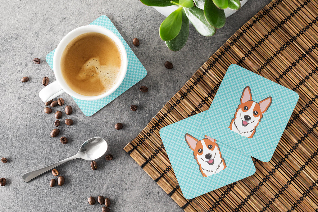 Checkerboard Blue Corgi Foam Coasters Set of 4 Cup Coasters for Indoor Outdoor, Tabletop Protection, Anti Slip, Mouse pad Material